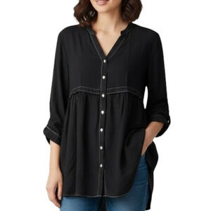 ZARA Longline Tunic Black Viscose Oversized Button Down Topstitch Empire Waist-M